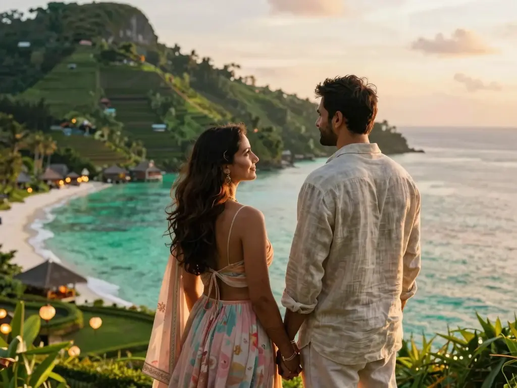 Indian couple on a romantic beach honeymoon at sunset in an affordable international destination