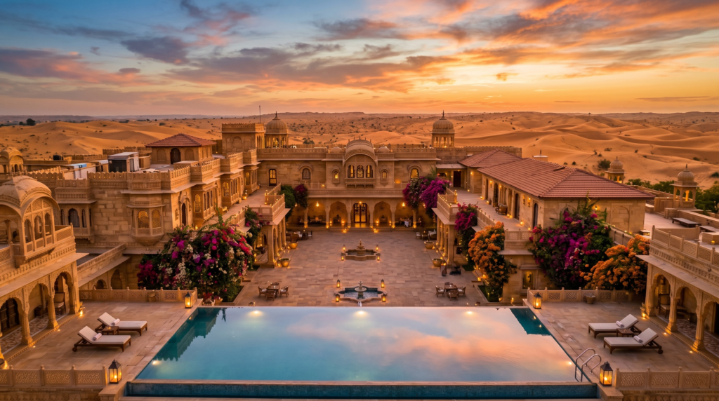 A luxury boutique heritage hotel in India with traditional Rajasthani architecture, golden desert landscape, and a glowing infinity pool at sunset.