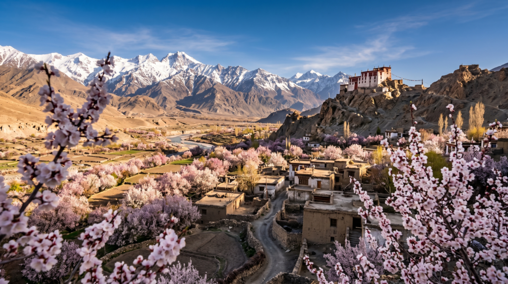 Blooming apricot orchards in pink and white blossom in a Ladakhi village with snow-capped Himalayan peaks in the background during spring.