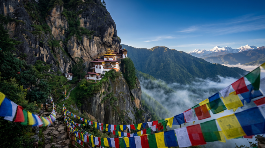 Tiger's Nest Monastery perched on a cliff in Paro Bhutan surrounded by pine forest and prayer flags during golden morning light
