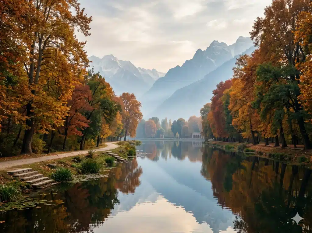 Kashmir autumn tour package from Pune — golden Chinar trees lining Dal Lake Srinagar October