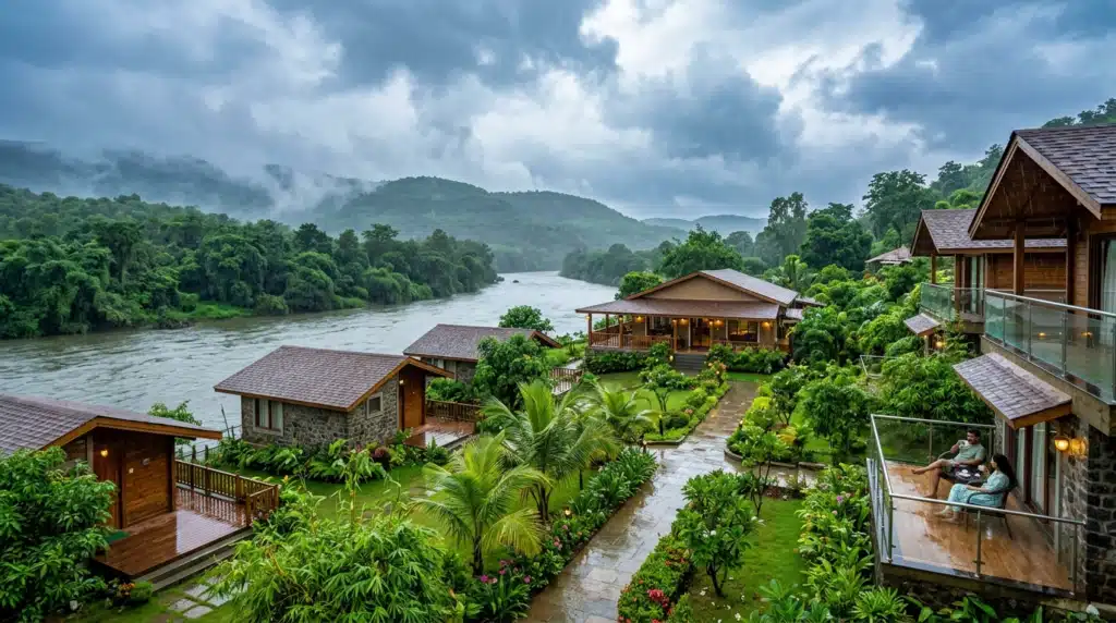 A luxury riverside resort cottage with a private wooden deck overlooking misty Mulshi backwaters during monsoon season near Pune Maharashtra
