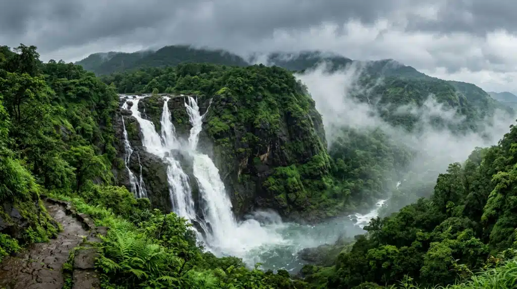 Hidden waterfall near Pune in monsoon surrounded by lush green Sahyadri forest and mist — secret waterfalls Maharashtra