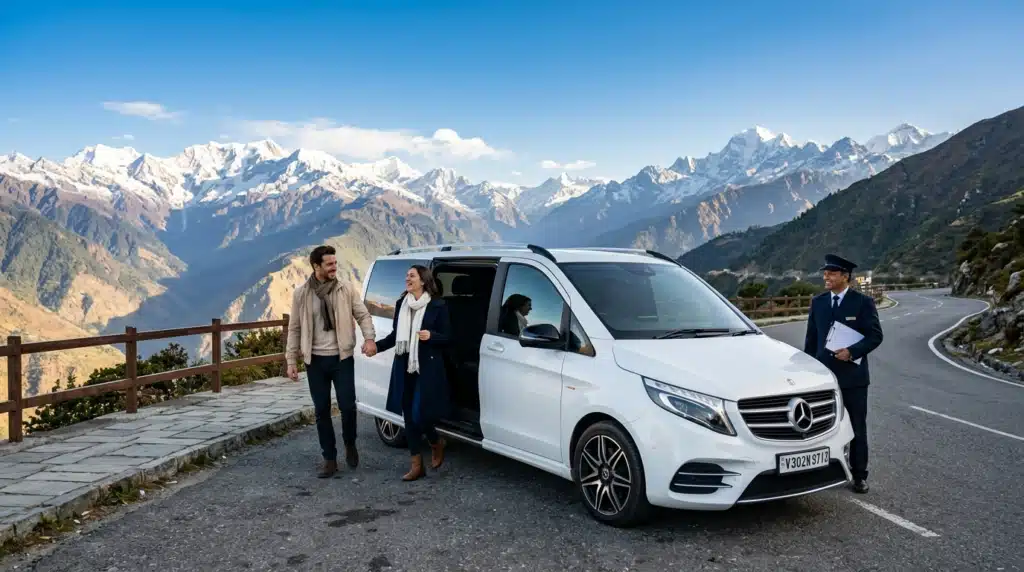Private luxury vehicle with professional chauffeur on a Himalayan mountain road — local South Asia DMC tour by Samisha Holidays