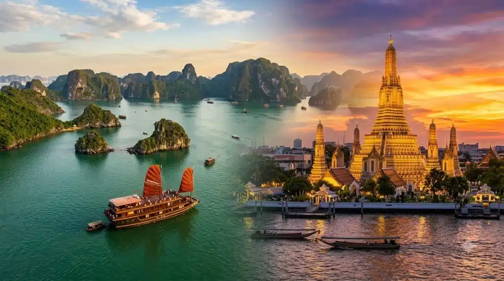 Tropical beach and temple silhouette banner for cheap international trips from Pune to Vietnam and Thailand