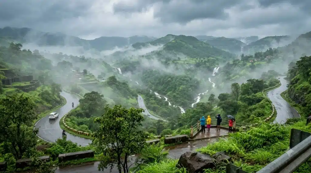 A car driving through thick fog on the scenic Malshej Ghat road, showcasing weekend trips near Pune during the monsoon by Samisha Holidays.
