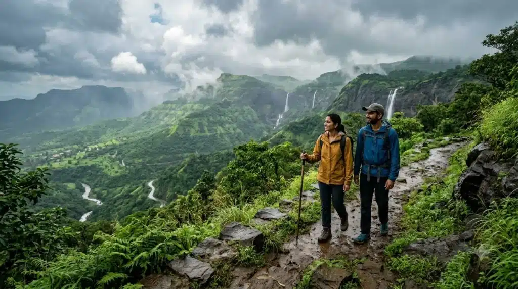 Lush green misty mountains of Western Ghats near Pune during monsoon, representing August holiday tour packages from Pune by Samisha Holidays.