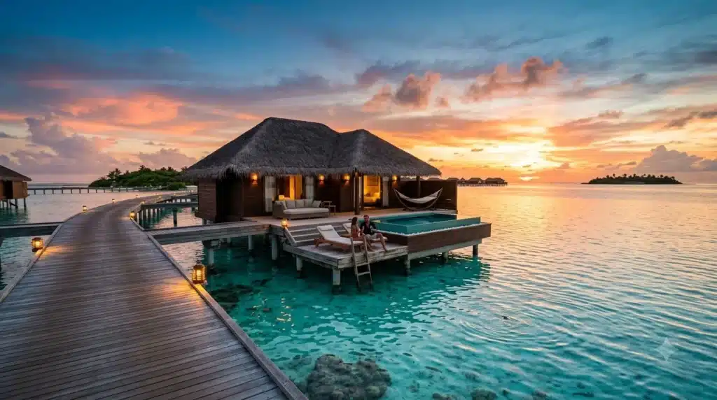 A romantic couple holding hands on a wooden dock overlooking an overwater villa resort in the Maldives, representing honeymoon tour packages from Pune.