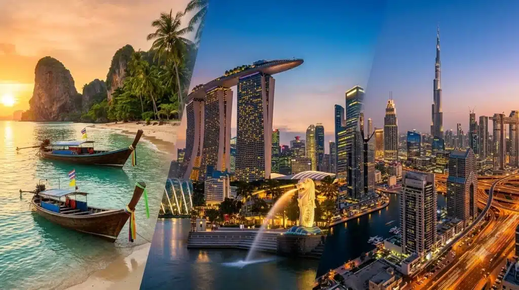 • A modern family looking out over a stunning cityscape skyline next to a tropical beach, symbolizing short international destinations from Pune.