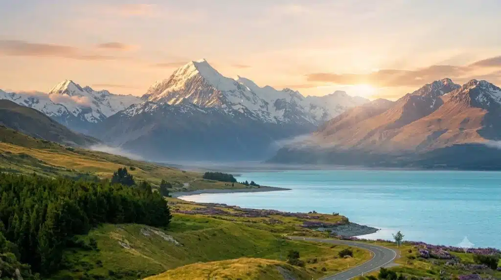 A pristine luxury rental vehicle parked next to a massive turquoise blue lake with majestic snow-capped peaks in the background, illustrating the best time to go to New Zealand.