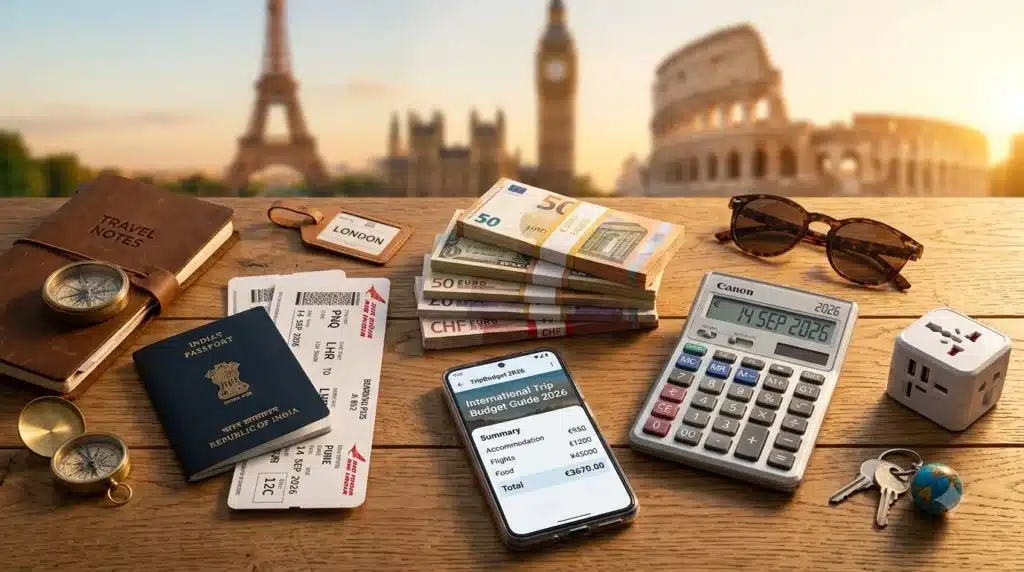 A traveler calculating a budget plan on a phone next to an Indian passport, foreign currency notes, and a miniature airplane, showcasing the international trip from Pune cost.
