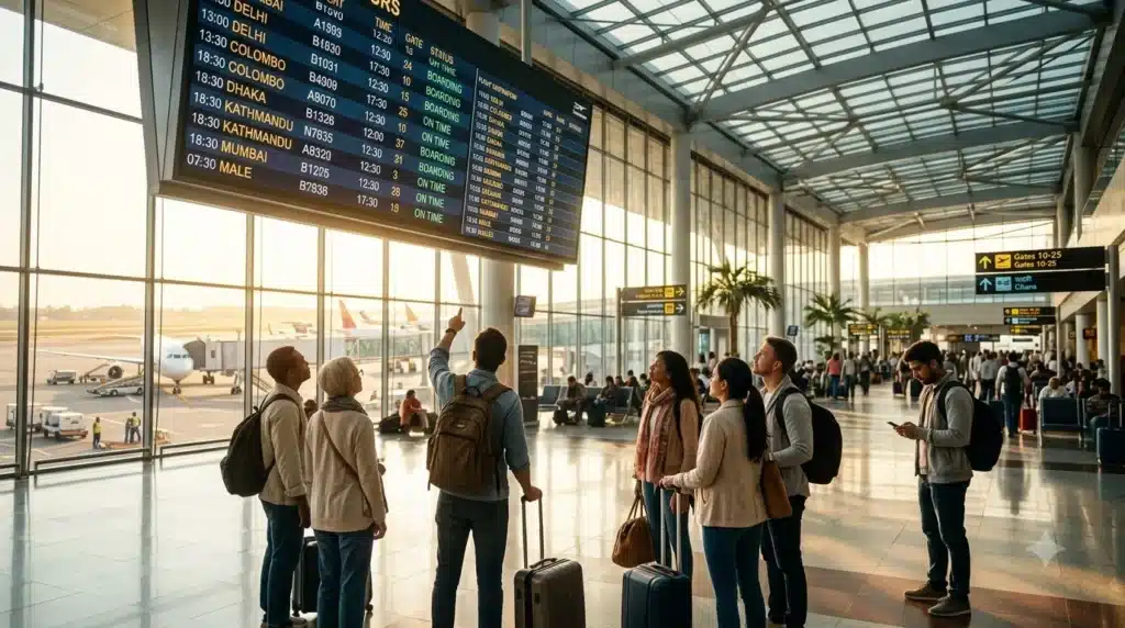 An international passenger looking at an airport departures screen displaying regional routes like Delhi, Colombo, and Kathmandu, highlighting cross border flights South Asia.