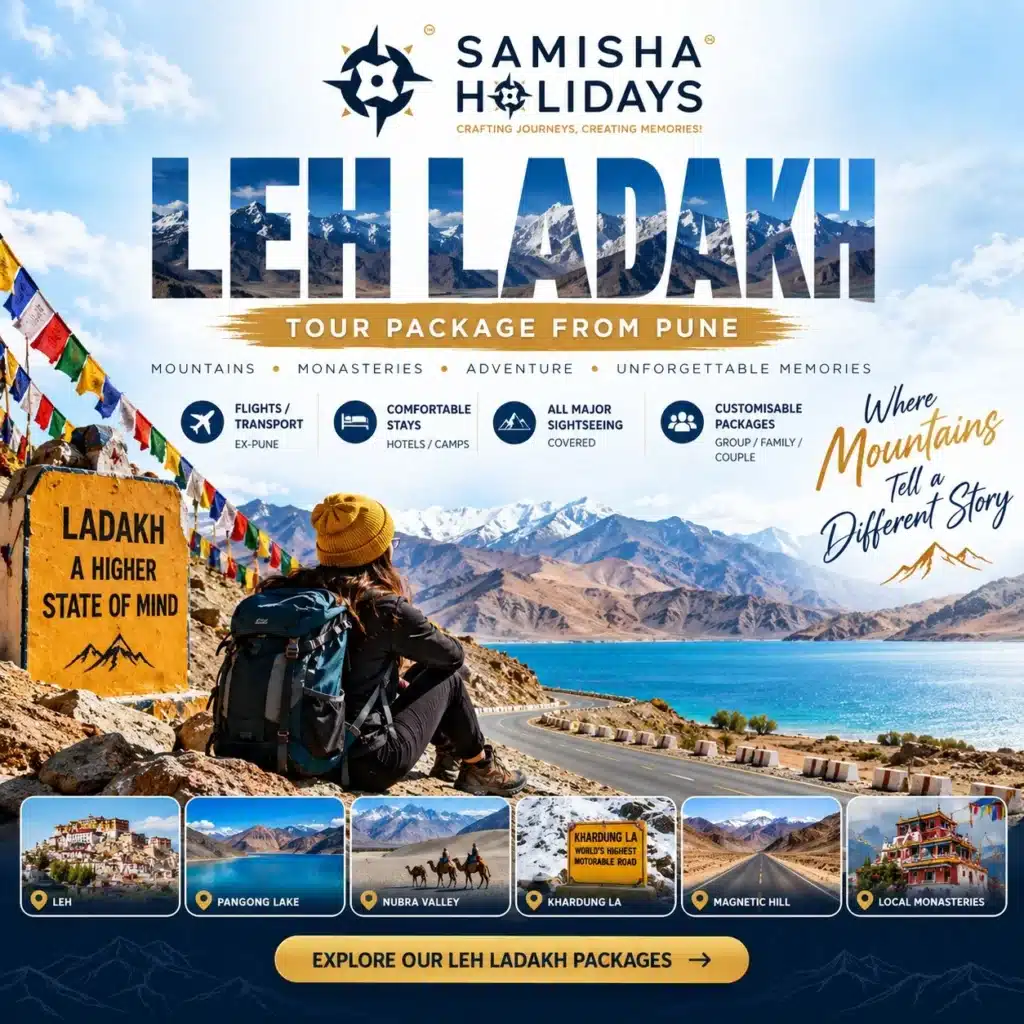 A couple stands beside a royal enfield motorcycle looking at the deep blue Pangong Tso Lake surrounded by majestic snow-capped mountains, representing a Leh Ladakh tour package from Pune.